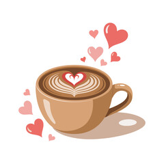 Brown coffee cup with latte art heart and pink hearts