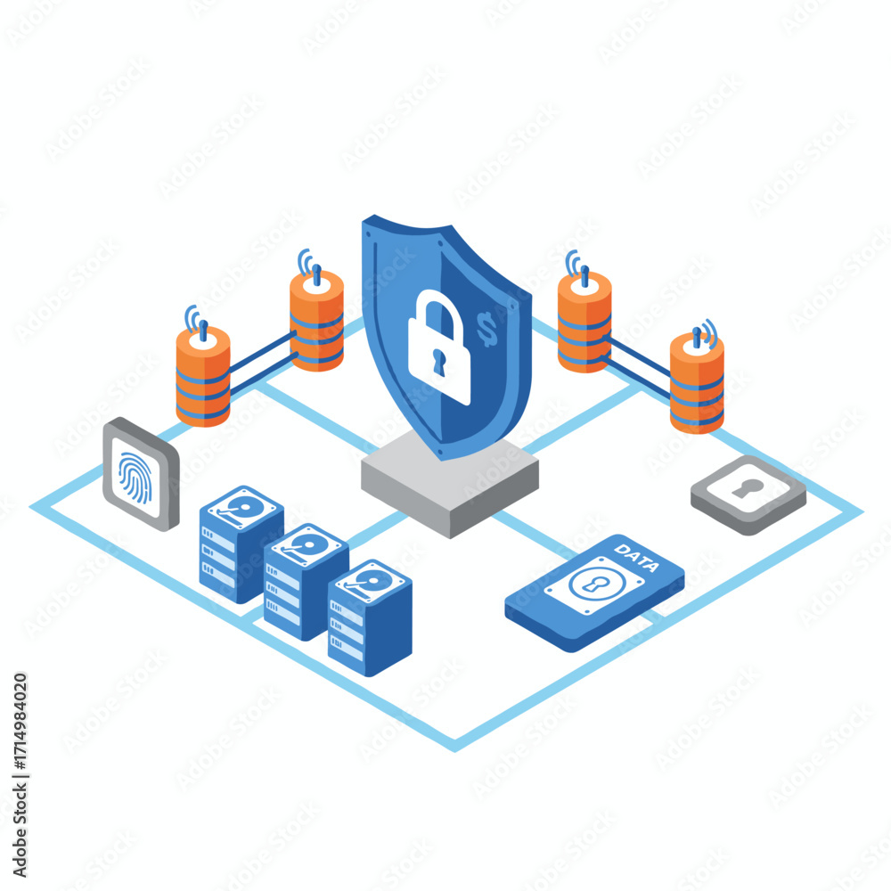 Aufkleber an isometric depiction of cyber security, showcasing protection within a data security framework, mo