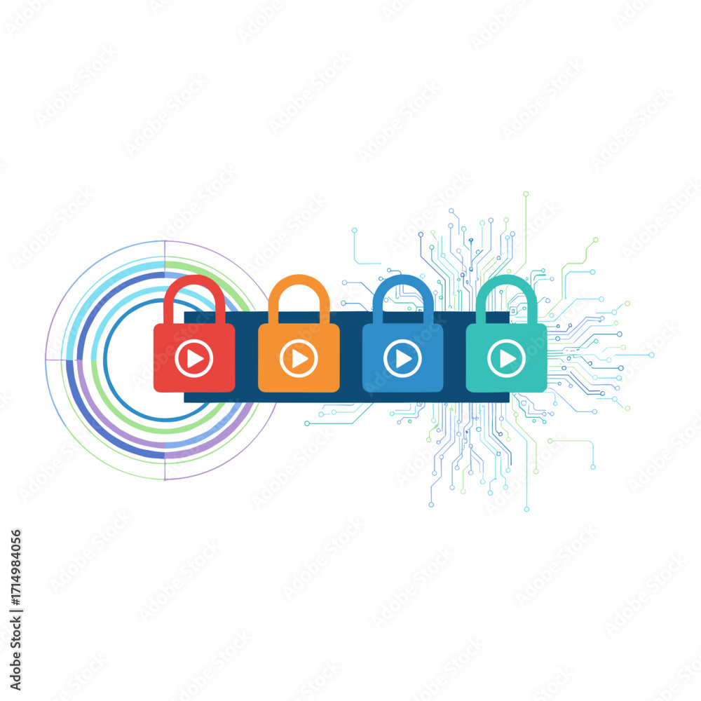 Aufkleber a digital cybersecurity concept featuring padlocks that symbolize data protection and security, set 