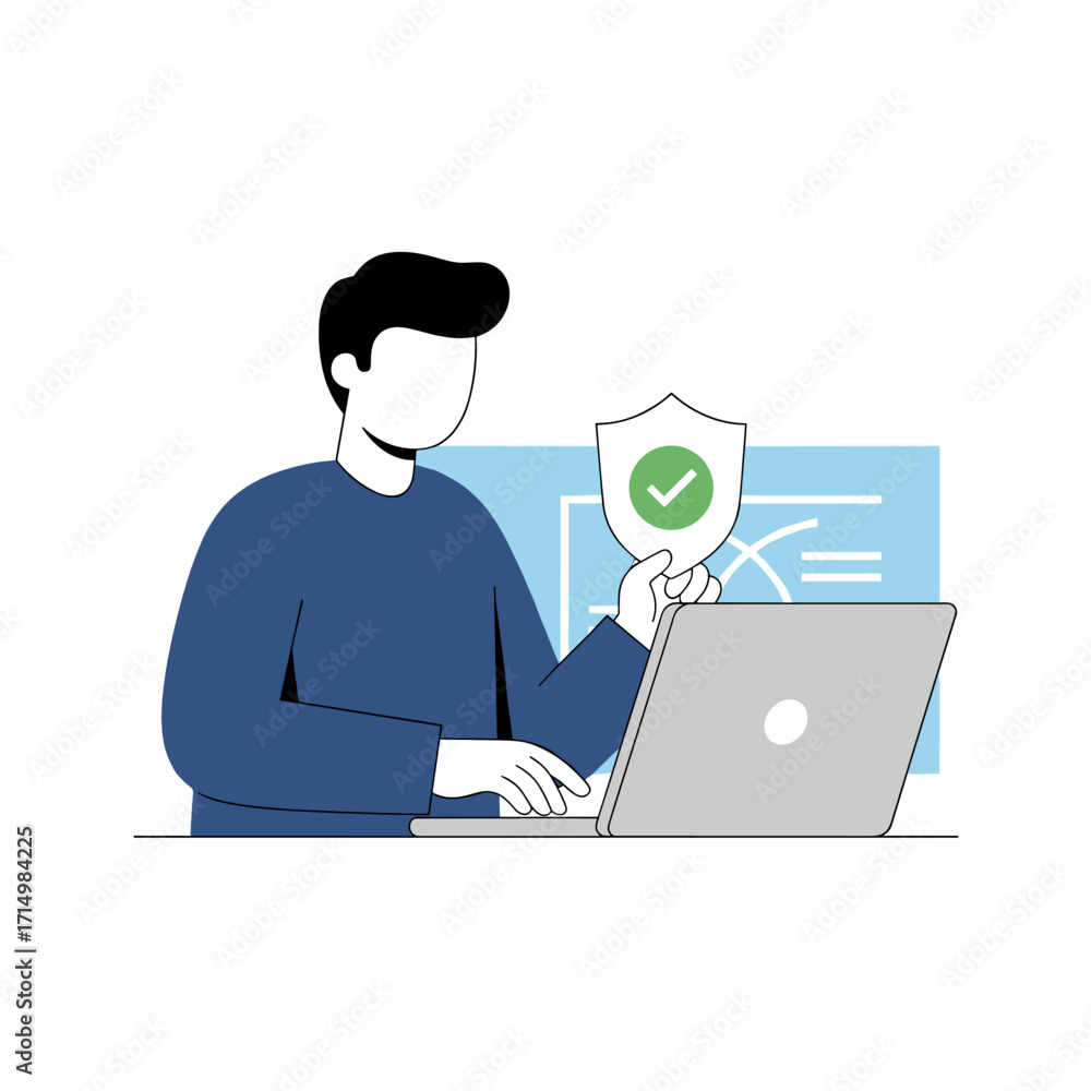 Aufkleber cybersecurity and privacy concepts safeguard data, and a businessman uses a smartphone equipped with
