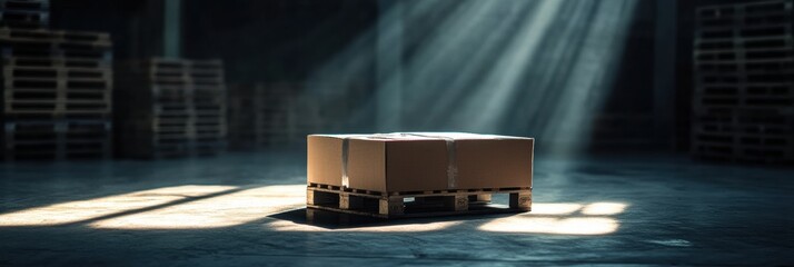 Mysterious package on a wooden pallet in an empty warehouse with rays of sunlight shining through