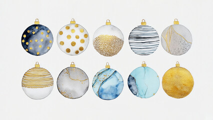 Watercolor Christmas baubles arranged in two rows against a white background.  Space for text. 