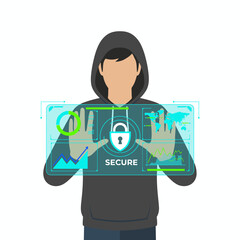 A cybersecurity expert examines intricate data visualizations using sophisticated graphics, emphasizing the significance of data protection and secure networks in a technology-driven world