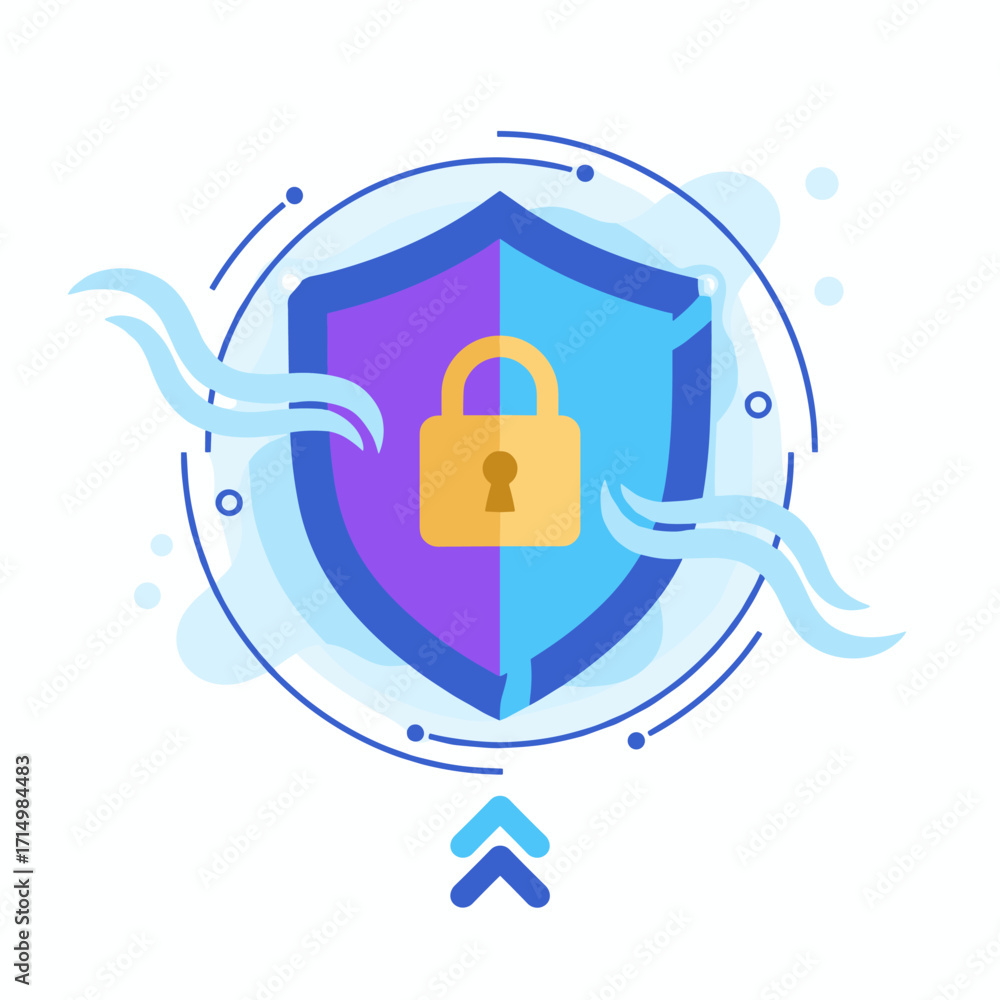 Aufkleber a neon-lit lock shield icon set against a digital cloud and star-filled background, representing cyb