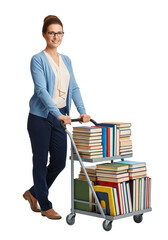 Happy Librarian Pushing Cart Full of Books Isolated On Transparent Background For Education And Learning Concept