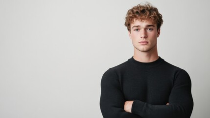 Confident Young Man in Black Sweater Posing Against a Neutral Background