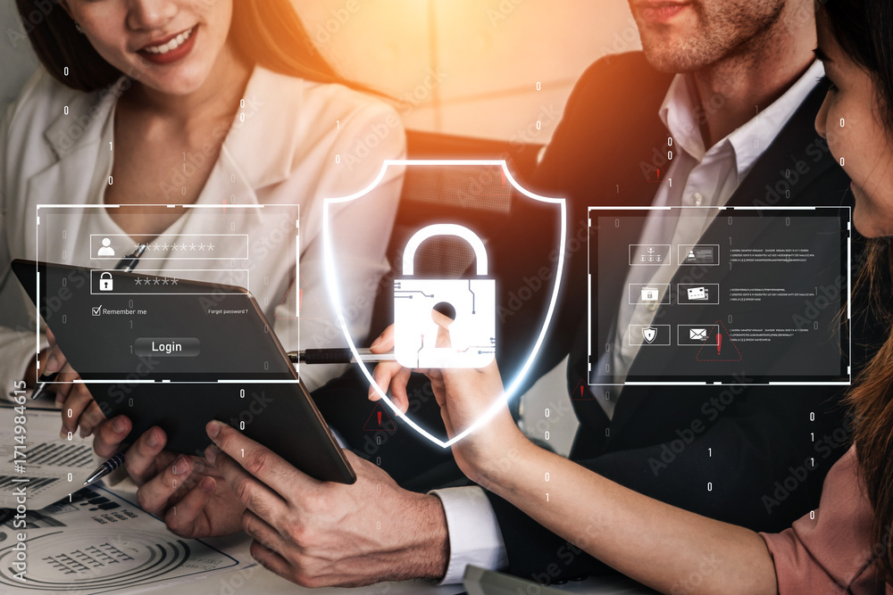 Poster cyber security protects against breaches, hacks, and network attacks using strong infrastructure and