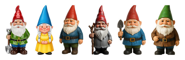 Garden gnome set including male and female figures with various hats and tools isolated. Whimsical garden decor and fantasy illustrations.