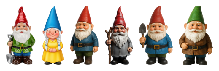 Garden gnome set including male and female figures with various hats and tools isolated. Whimsical garden decor and fantasy illustrations.