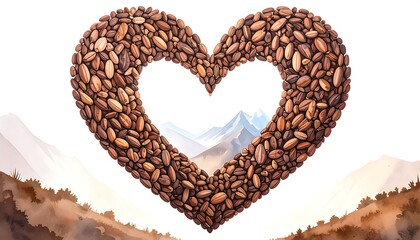 Heart-Shaped Cacao Beans with Mountain Landscape
