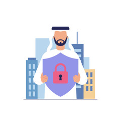 From behind, a Saudi man is visible, standing before a purple cybersecurity protection sign