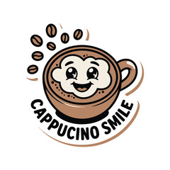 Smiling cappuccino cup with coffee beans and text smile