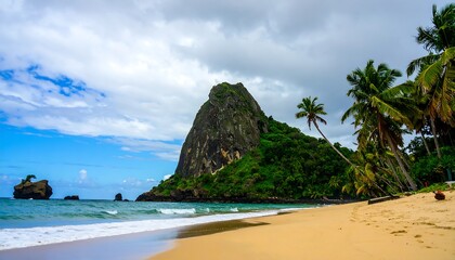 Tropical beach scene with dramatic rock formation