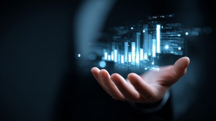 Professional hand presenting glowing digital financial data and stock market analytics in a dark, futuristic interface