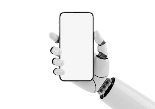Robot Hand Holding Modern Smartphone for Futuristic Technology App Innovation Isolated on Transparent Background
