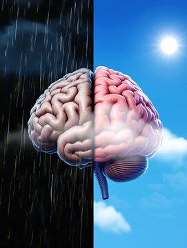 Animated Human Brain with Left Side in Heavy Rain Clouds and Right Side in Sunny Clear Sky
