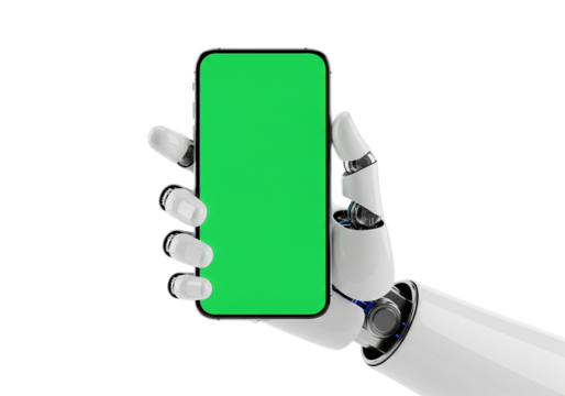 Robotic Hand Holding Modern Smartphone with Green Screen Isolated on Transparent Background