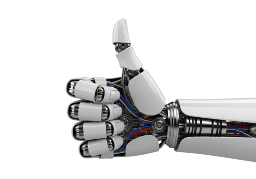 Robotic Hand Showing Thumbs Up Symbol of Approval and Success Isolated on Transparent Background