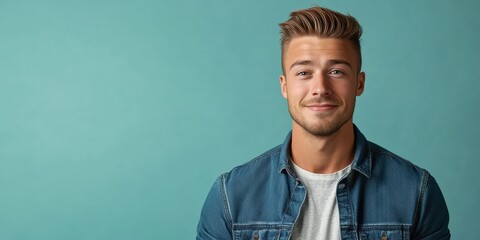 Confident Young Man Smiling Against a Soft Turquoise Background