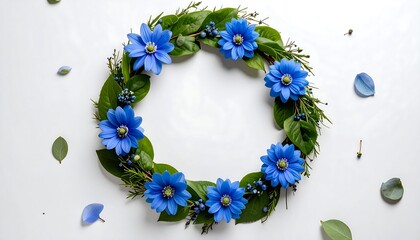 Circle floral wreath, bright blue flowers, greenery