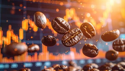 Flying coffee beans with glowing stock chart background highlighting the concept of commodity trade, global market dynamics and consumer lifestyle trends