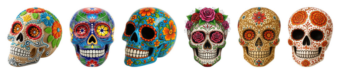 Colorful sugar skull set including various decorative, floral, and intricate designs isolated. Dia de los Muertos and holiday celebration.