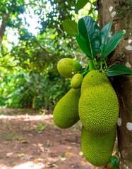 Green Jackfruit Cluster on Tree