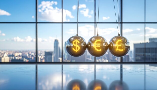 Newton cradle spheres glowing with dollar, euro and pound signs, symbol of finance, currency impact, global economy and interconnected trading systems