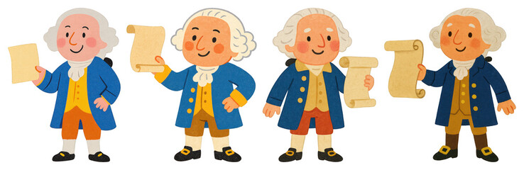 PNG Cartoon historical figures holding scrolls, element set on transparent background