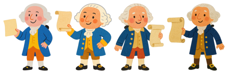 PNG Cartoon historical figures holding scrolls, element set on transparent background