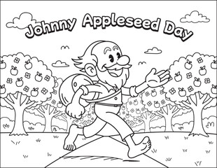 Johnny in orchard
Johnny Appleseed coloring page vector. Folk hero walking barefoot with bag of seeds in apple orchard. Black and white line art for kids&rsquo; school activities.
