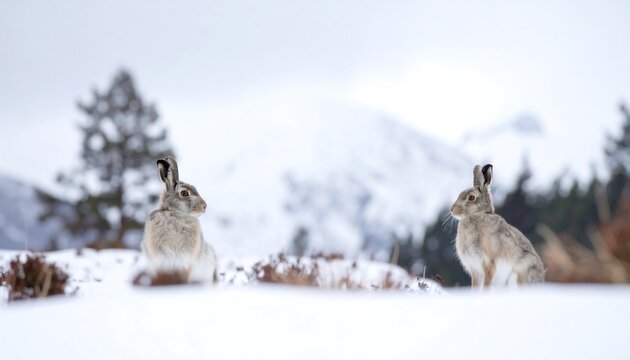 Two hares in snowy landscape