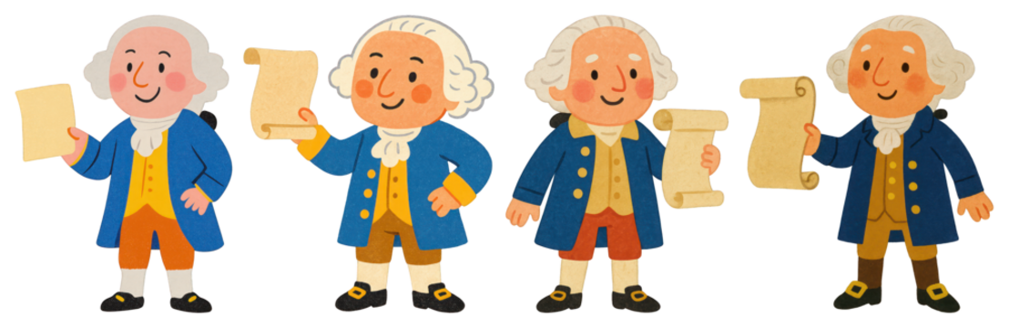 PNG Cartoon historical figures holding scrolls, element set on transparent background - Powered by Adobe