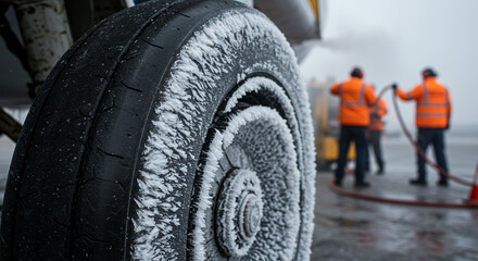 Frosted airplane tire with ground crew in bright orange jackets  