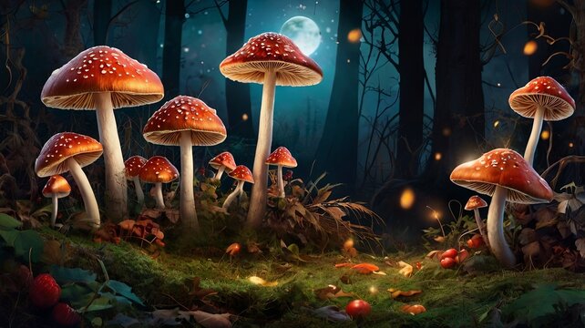 Magical glowing mushrooms in a magical night forest on Halloween. Concept for a magical autumn Halloween banner