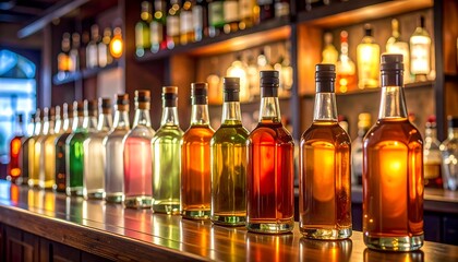 Row of liquor bottles on a bar counter