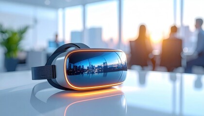Virtual reality headset on office desk reflecting futuristic skyline symbolizing innovation, metaverse trend, digital workplace transformation and immersive technology