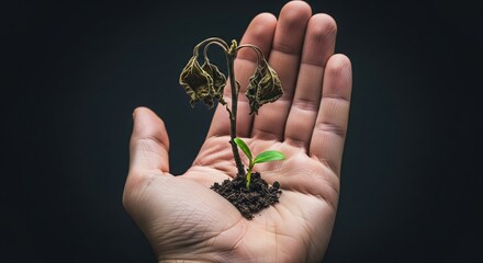 Hands hold a small green plant next to a dried one, symbolizing growth and resilience