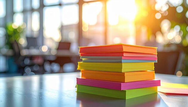 Stack of colorful sticky notes on office desk under warm sunlight symbolizing creativity, planning, productivity, bright ideas and brainstorming in workplace