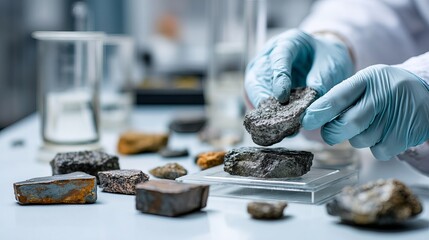 Close-up of a researcher examining mineral samples in a lab setting.