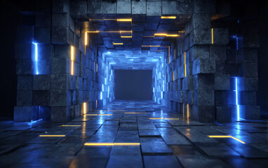 Futuristic tunnel with glowing blue and yellow lights in a metallic structure