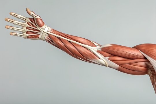 Detailed medical illustration of the forearm and hand for scientific and educational purposes. Generative Ai.