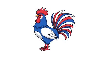 Cartoon French Rooster with Red White and Blue Tail Feathers.