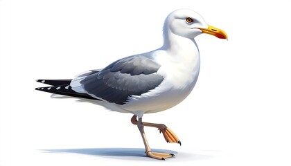 Obraz premium A side view of a seagull, detailed and vibrant in color, set against a plain white backdrop.