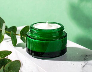 Green jar of cream on marble, eucalyptus leaves