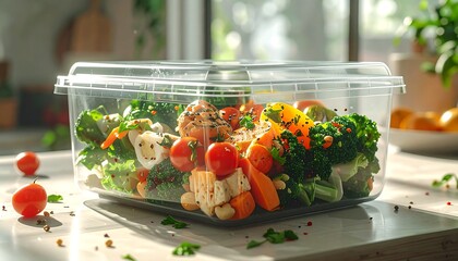 Colorful vegetable and protein mix in clear container