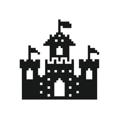 Fototapeta premium Black pixel art castle stands proudly with flags atop its towers and main structure