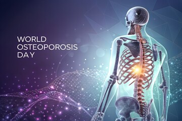 World Osteoporosis Day medical concept. A human skeleton with a glowing spine illustrates bone disease, fracture risk, and health awareness on a futuristic background.
Generative Ai.