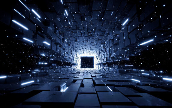 Futuristic digital tunnel with glowing lines and cube structures - Powered by Adobe