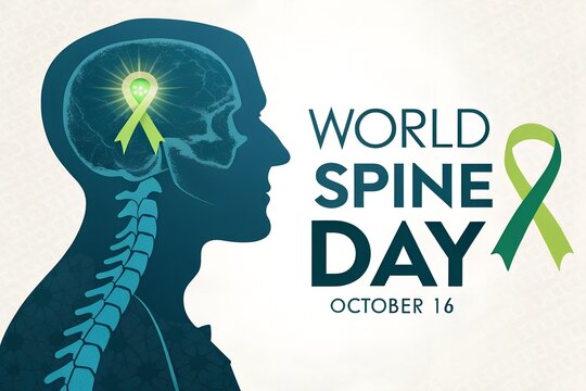 A human silhouette shows the brain and spine connection with a glowing green awareness ribbon for health and wellness. Generative Ai. - Powered by Adobe
